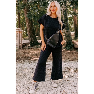 Black Quilted Short Sleeve Wide Leg Pants Set