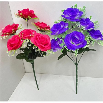 Цветы искусственные декоративные Букет розы + зелень (6 бутонов) 43 см