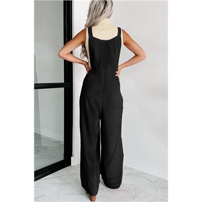 Black Textured Buttoned Straps Ruched Wide Leg Jumpsuit