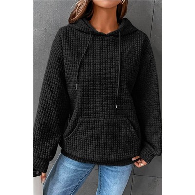 Black Lattice Textured Kangaroo Pocket Drawstring Hoodie