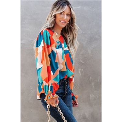 Multicolor Abstract Pattern Crewneck Ruffled Puff Sleeve Blouse