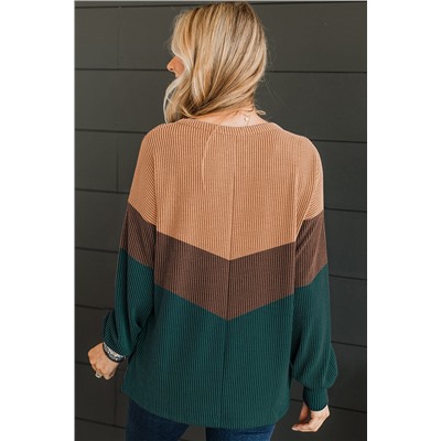 Blackish Green Color Block Corded Texture Long Sleeve Top