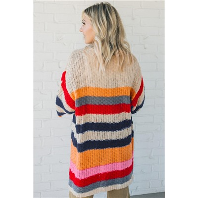 Stripes Knitted Balloon Sleeve Open Cardigan
