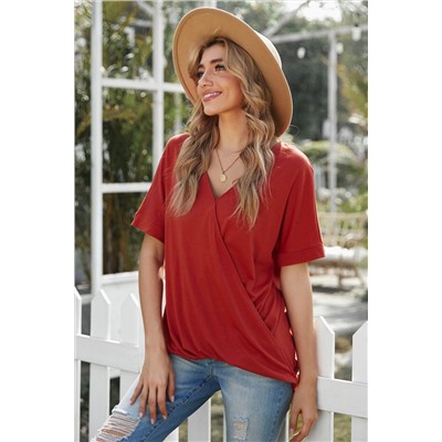 Red Short Sleeves Drape Knit Top