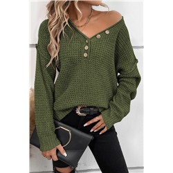 Jungle Green Pointelle Knit Button V Neck Drop Shoulder Sweater