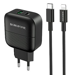 Адаптер Сетевой с кабелем Borofone BA46A Premium PD QC3.0 USB/Type-C 3A/18W (Lightning/Type-C) (black)