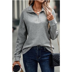 Medium Grey Ribbed Texture Quarter Zip Sweatshirt