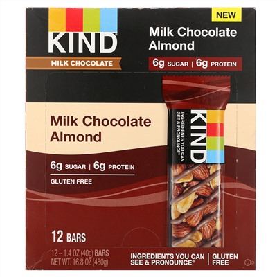 KIND Bars, Milk Chocolate,  Almond, 12 Bars, 1.4 oz (40 g) Each