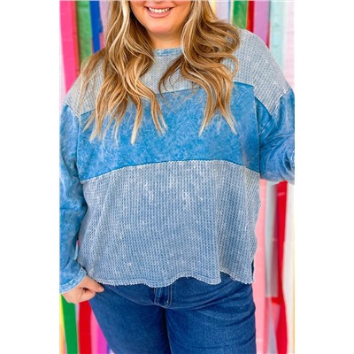 Sky Blue Plus Size Waffle Knit Patchwork Drop Shoulder Top