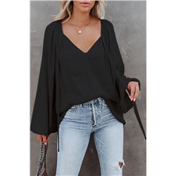 Black Tie V Neck Pleated Puff Sleeve Satin Blouse