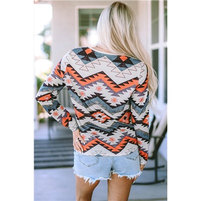 Multicolor Aztec Print V Neck Long Sleeve Top