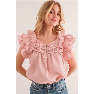 Peach Blossom Shirring Buttoned Neck Ruffle Sleeve Blouse