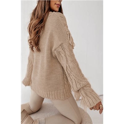 Parchment Tasseled Braided Knit Sweater