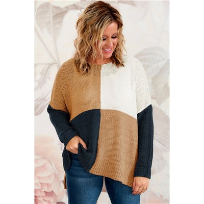 Blue Color Block Side Slit Plus Size Sweater