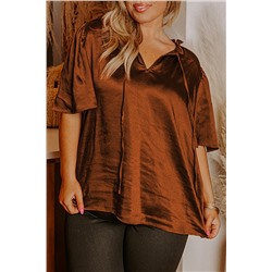 Chestnut Frilled Split Neck Plus Size Satin Blouse