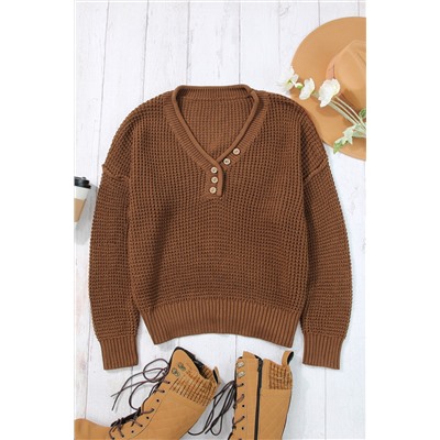 Coffee Pointelle Knit Button V Neck Drop Shoulder Sweater