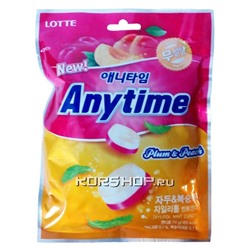Леденцы Ксилитол Энитайм со вкусом сливы и персика (Xylitol Anytime, Plum and Peach) Lotte без сахара, Корея, 60 г