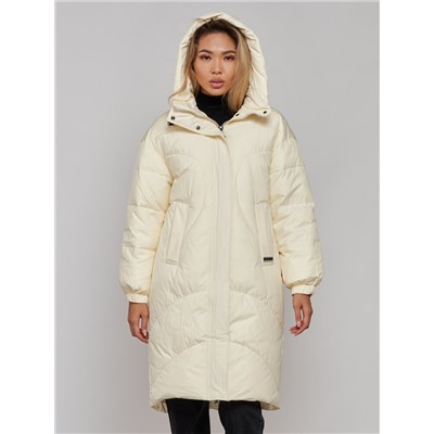 Пальто утепленное молодежное зимнее женское бежевого цвета 52323B
