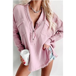 Pink Crinkle Long Sleeve Distressed Split Henley Top