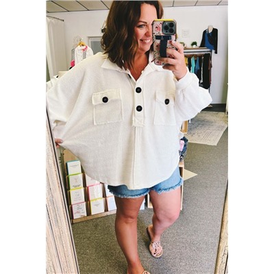 White Plus Size Long Sleeve Flap Pocket Henley Top