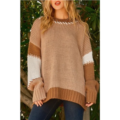 Light French Beige Color Block Contrast Stitch Oversized Sweater