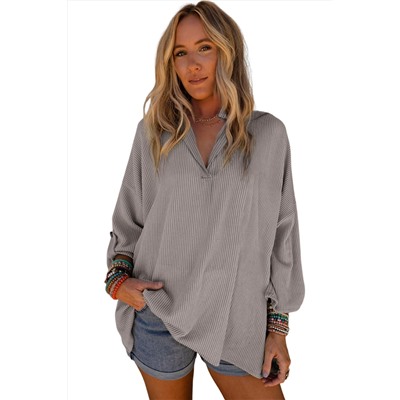 Philippine Gray Ribbed Roll-tab Sleeve Oversize Top