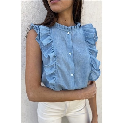 Sky Blue Ruffle Trim Soft Lightweight Sleeveless Shirt