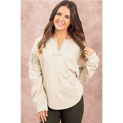 Oatmeal Notched Neck Crochet Insert Round Hem Sweatshirt