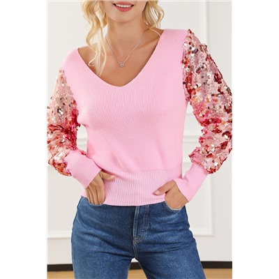 Pink Contrast Sequin Sleeve V Neck Ribbed Knit Sweater