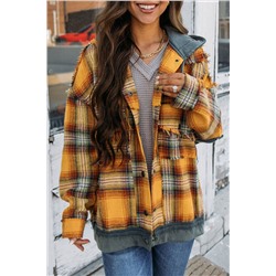 Orange Plaid Patch Hooded Frayed Snap Button Jacket