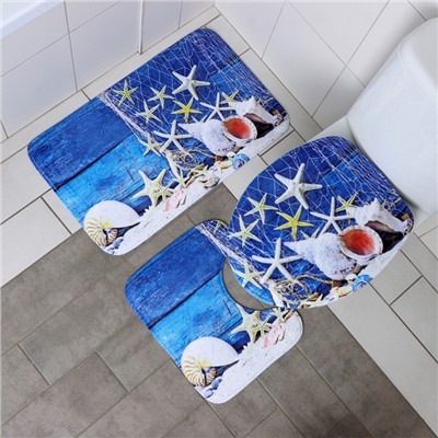 Набор ковриков для ванной и туалета Доляна «Ракушки», 3 шт, 37×45, 37×45, 45×75 см