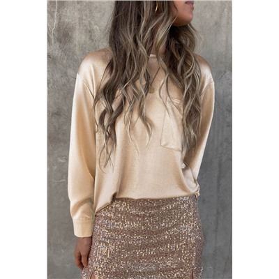 Apricot Glitter Chest Pocket Round Neck Long Sleeve Top