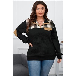 Black Plus Size Quilted Plaid Patch Henley Sweatshirt