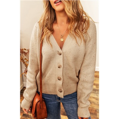 Beige Heather Ribbed Knit Button V Neck Cardigan