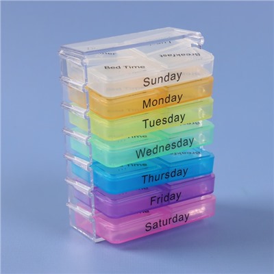 Таблетница-органайзер «Неделька», английские буквы, утро/день/вечер/ночь, 10 × 7,5 × 4 см, 7 контейнеров по 4 секции, разноцветный