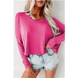 Rose Fiery Red Loose V Neck Dropped Long Sleeve Top