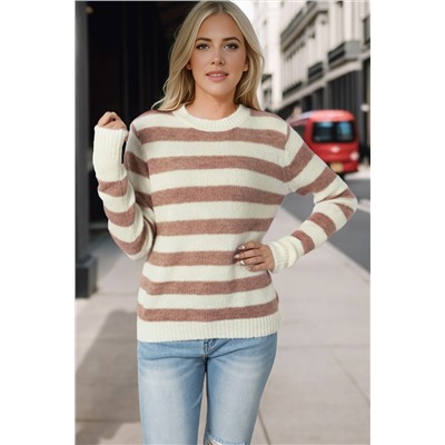 Brown Striped Round Neck Casual Sweater