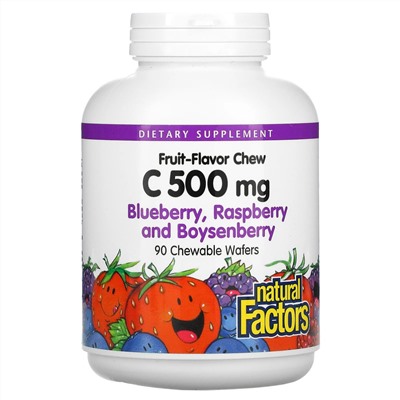 Natural Factors, 100% Natural Fruit Chew Vitamin C, Blueberry, Raspberry and Boysenberry, 500 mg, 90 Chewable Wafers