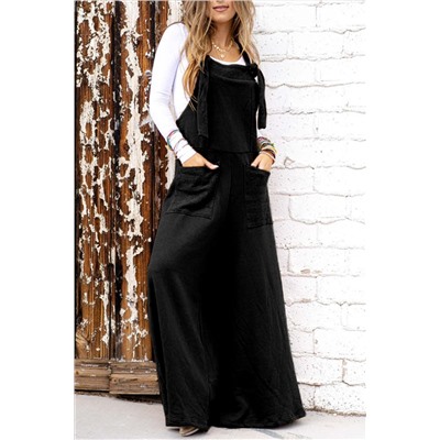 Black Knotted Straps Patch Pocket Wide Leg Jumpsuit