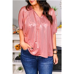 Pink Split V Neck Metallic Short Sleeve Top