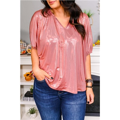 Pink Split V Neck Metallic Short Sleeve Top