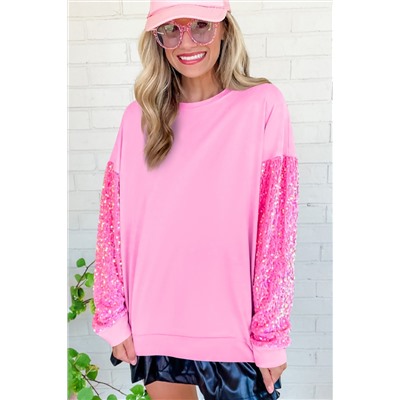 Pink Sequin Patchwork Long Sleeve Pullover Top