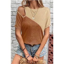 Brown Asymmetric Cut out Colorblock T Shirt