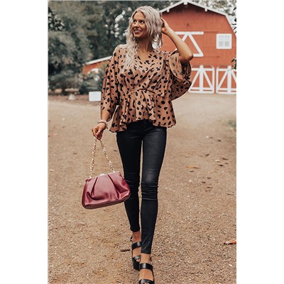 V Neck Leopard Print Peplum Blouse