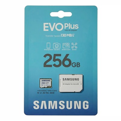 Карта флэш-памяти MicroSD 256 Гб Samsung +SD адаптер (class 10) UHS-1 U3+ Evo Plus (до130 MB/s)