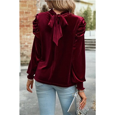 Red Mock Neck Puff Sleeve Velvet Blouse