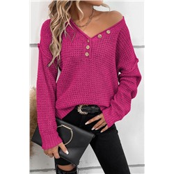 Rose Fiery Red Pointelle Knit Button V Neck Drop Shoulder Sweater