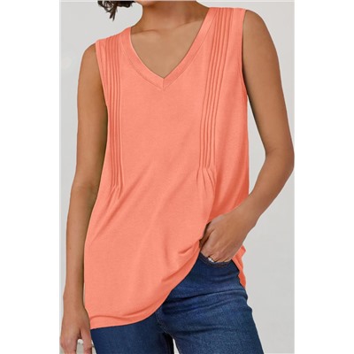 Pale Chestnut Solid Pleated V Neck Tank