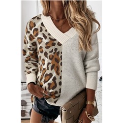Leopard Color Block V Neck Drop Shoulder Knit Sweater