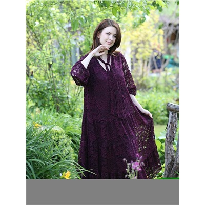 Платье темно-фиолетовое нарядное длинное из гипюра с длинным рукавом